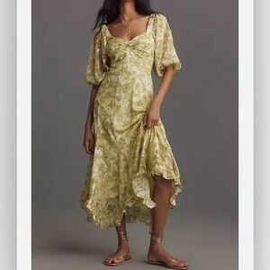 Hutch Printed Twist Front Puff Sleeve Ruffle Hem Dress in Yellow Floral